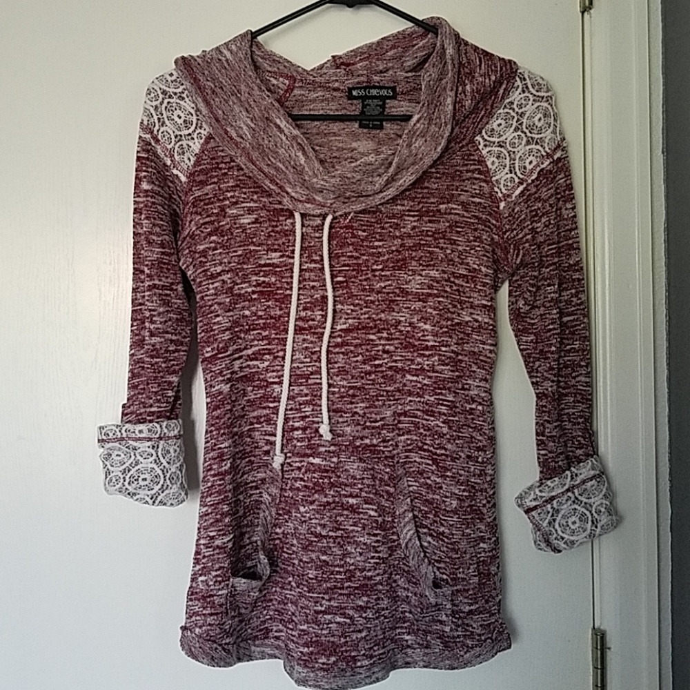 Heather Red w/ Lace Cowl Neck Top - Small
